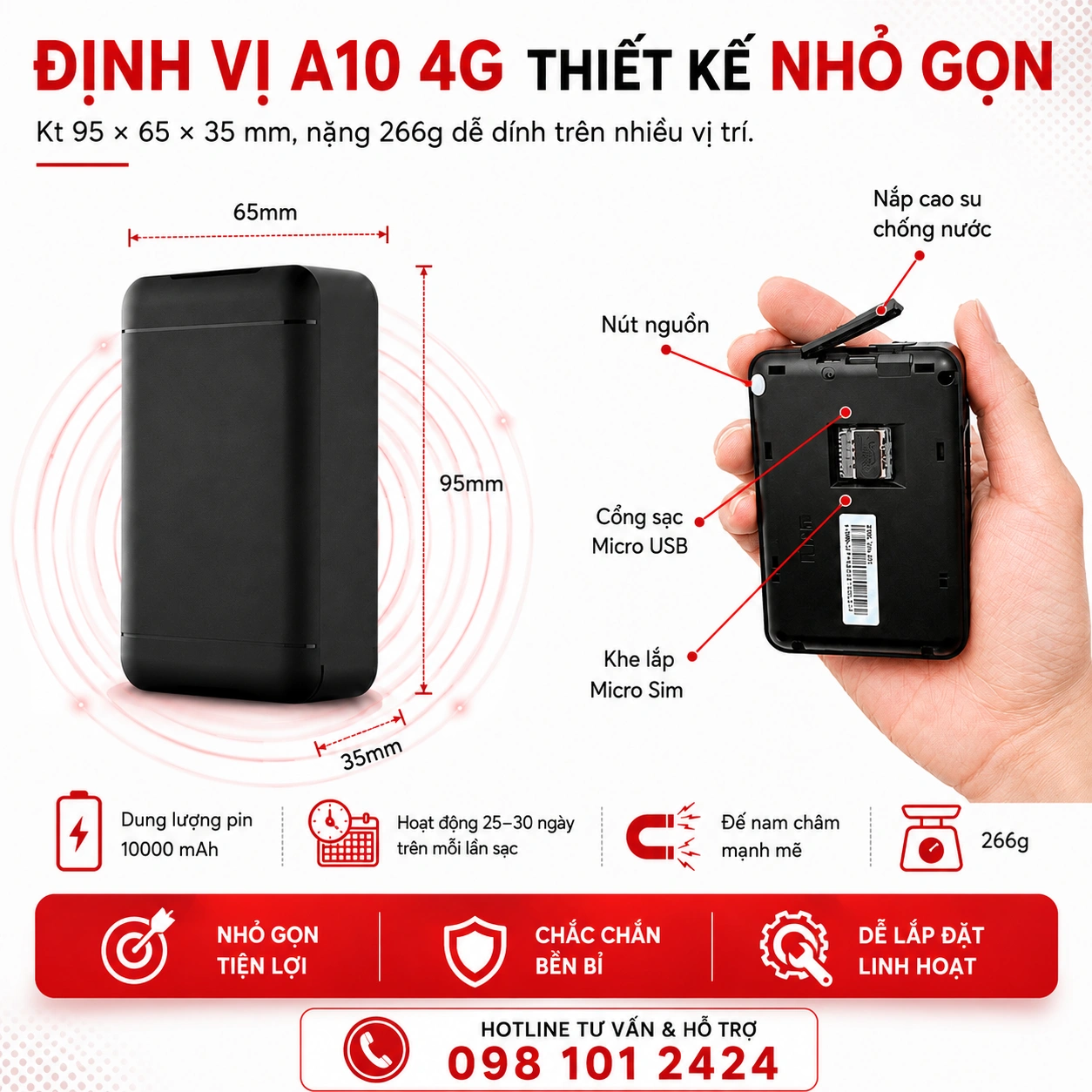 Kích thước định vị A10 4G 95 x 65 x 35 mm