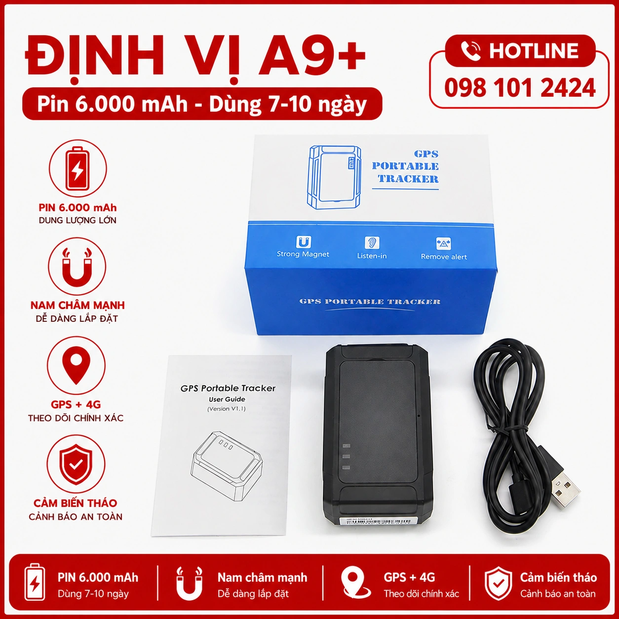 Định vị A9+ 4G không dây PIN 6000mAh