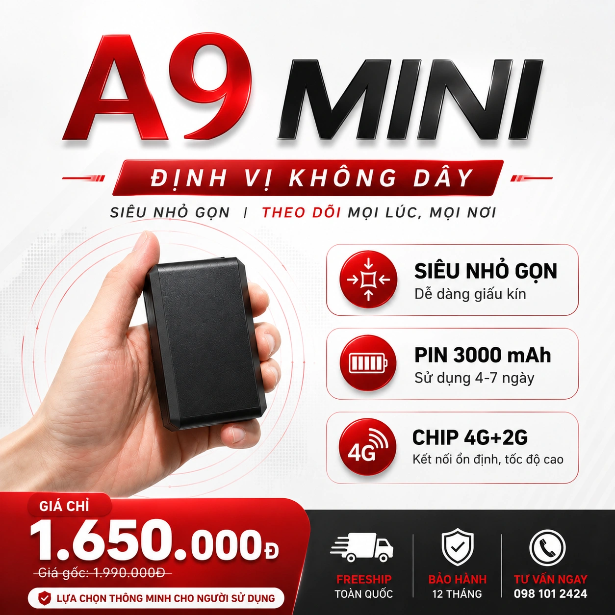 Định vị A9 Mini 4G không dây PIN 3000mAh